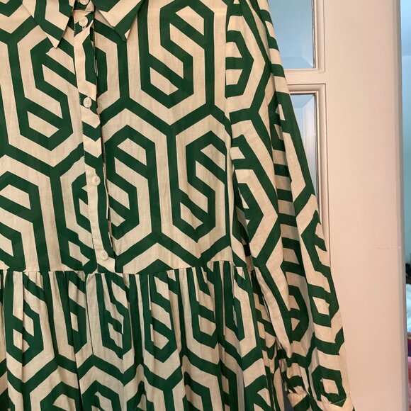Zara Ecru White Green Geo Geometric Print Karen Tiered Midi Dress - Picture 6 of 7